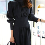 2026 Spring Dress New Korean Style Temperament Collar Lantern Sleeves To Collect The Waist Thin And Medium Long Swing Dress