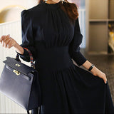 2026 Spring Dress New Korean Style Temperament Collar Lantern Sleeves To Collect The Waist Thin And Medium Long Swing Dress
