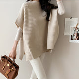 Korean Version Of The New Half-High-Neck Short-Sleeved Loose Knitted Shirt Before The Short And Long Open Fork Cloak Medium Long Sweater