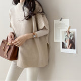 Korean Version Of The New Half-High-Neck Short-Sleeved Loose Knitted Shirt Before The Short And Long Open Fork Cloak Medium Long Sweater