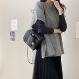 Korean Version Of The New Half-High-Neck Short-Sleeved Loose Knitted Shirt Before The Short And Long Open Fork Cloak Medium Long Sweater
