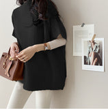 Korean Version Of The New Half-High-Neck Short-Sleeved Loose Knitted Shirt Before The Short And Long Open Fork Cloak Medium Long Sweater