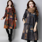 Autumn And Winter National Fat Hairs Long-Sleeved Dress Women's Large Size Women's Loose Thin Print Dress Tide