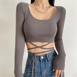 Roal Tie With Jersey Long-Sleeved Women's Clothing 2025 New Solid Color Round Collar T-Shirt Girl