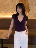Slim Slimy And Sexy Pure Desire V-Neck Hottie Short-Sleeved Fashion Casual T-Shirt Girl Top