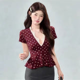 Sexy Hottie Lace Splicing V-Neck Short-Sleeved T-Shirt Girl Spring New Slimming Wearing White Top