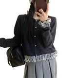 KANING Korean Sweet Lace Spliced Knitted Shirt 2026 Autumn And Winter New Temperament Short Sweater Top