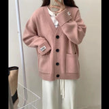 KANING Roll-Fleet Sticker V-Neck Button Knitted Cardigan 2026 Autumn New Korean Lazy Loose Sweater