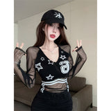 Sexy Babes V-Neck Splicing Mesh Yarn Long-Sleeved T-Shirt Girl Autumn And Winter New Slimming Inside Pure Desire Blouse Tide
