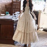 Autumn And Winter French Retro Light Wedding Dress Three-Layer Tower Lace Cake Skirt Heavy Industry Lotus Leaf V Collar Long Skirt Temperament Skirt