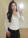 Purely Sexy New V-Neck Lace Lace Long-Sleeved T-Shirt Girl Spring And Autumn Hottie Slim Slimming Bottom Top Woman Tide