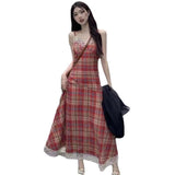 Summer Women's Fried Street Dress 2025 New Red White Temperament Lattice Splicing Lace-Side Sling Skirt