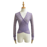 Sexy Micro-Permeable Hollow Cross V Collar Long-Sleeved Lace Jersey Girl Slimming Temperament Bottom Shirt T-Shirt Shirt