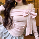 [Original Fabric] Pure Lust Wind Shoulder-Piny Pink Bottoming Shirt Female Hottie Bow Lace Spliced On The Shoulder