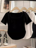 Pure Fashion French Small Sexy Pure Color Short-Sleeved T-Shirt Girl Summer Collar Umbilized Bottom Women's T-Shirt Tide