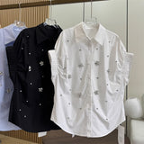 Design Sense Heavy Industry Nail Embroidery Shirt Loose Thin Age Shirt Women Short Sleeves