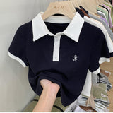 Pure Style Sexy Collar Short-Sleeved T-Shirt Women's Summer Design Splicing Repair Body Slim Short Top Tide