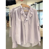 Wooden Ear Splicing Solid Color Loose Shirt Women 2025 Autumn Dress New French Collar White Shirt Top