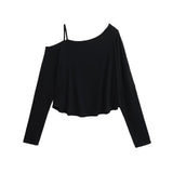 Street Pat Short Shoulder Curved Loose Long-Sleeved T-Shirt Personality Asymmetrical Fashion Tops Thin