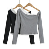 Autumn New Female Hottie Sexy Oblique Shoulder Knock Two Scratch-Ragged Shirt Long-Sleeved T-Shirt