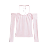 Spice Girl Slimming Thin Shoulder Shoulder Long-Sleeved T-Shirt Pure Desire Hottie Inside The Bottom Of The Tie Hanging Neck