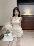 Summer New Chinese Hanging Neck Cheongsam Buckle Dress Girl Small Man High Waist Hot Babes Hip Skirt