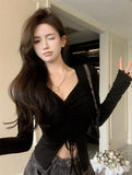 Pure Want To Show Thin Tops To Collect Waist Draw Rope Model Unique To Long-Sleeved T-Shirt Spring And Autumn New Women's Clothing Niche Design Model