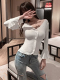 Autumn New Care Machine V-Neck Horn Sleeves Sleeves Sexy Women's Long-Sleeved T-Shirt Short Top