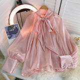French Bow Shirt Female Design Sense Of Small Pure Style Hottie Chic Bubble Long Sleeve Top