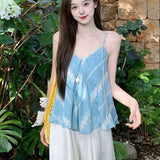 Summer Cool Sexy Windy Blue V-Neck Sling Shirt Women Folds Loose Back Sleeveless Tie Dyed Top Sense