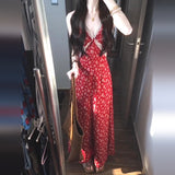 Seaside Vacation Red Broken Flowers With Tie Dress Dress Women's Summer 2025 New Small Temperament Long Dress