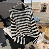 KANING Black And White Striped Hollow Ice Silk Knitted Women's Long Sleeves Loose Languid Hooded T-Shirt T-Shirt Babes Hollow Blouse