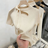 Apricot Design Hollow With Knitted Short-Sleeved Women's Summer New Slimming Ice Silk Knitted Shirt Thin Top