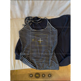 [Original Human Cotton 260G] Quality Short-Sleeved V-Neck Collar T-Shirt Two Sets Of Female Striped Slings Hooded Shirt