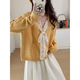 Kaning French V-Neck Bow Tie With Collar Knitted Shirt 2026 Autumn Dress Korean Wearing Lazy Wind Sweater