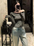 Ins Sexy Pure Hottie Word Shoulder Long-Sleeved T-Shirt Girl Retro Stripe Long Sleeves Bottom Shirt Female Tide