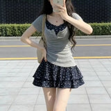 Early Summer Wear Sweet Hottie Pure Breeze Half-Neck Gray Short-Sleeved T-Shirt + Broken Flower Sling Skirt Skirt Two Sets Of Women