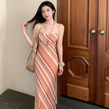 French Sexy Orange White Striped Dress Women Summer Waist Thin Open Fork Temperament Holiday Dress Tide