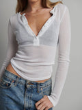 Spice Girls Spring And Summer Perspective Buckle Long-Sleeved T-Shirt Fine Knitted Short Collar Blouse
