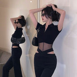 Tide Design Perspective Mesh Splicing Short-Sleeved T-Shirt Girl Summer Hottie Sexy Slimming Body-In-Comn Top