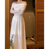 White Shoulder Dress Women's Autumn New French Tea Rest Senior Feeling Waist Lanky Sleeve Skirt Tide