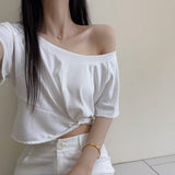 Beauty Talent Gray Kinky Design Slanted Shoulder Embody Short Sleeve T-Shirt Shorts Pure Hot Girl Top