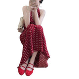 French Retro Sweetheart V-Neck Red Wave Dot Hanging Neck Dress Women's Summer Bare Back Strap With Sleeveless Vest Dress