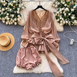 Fairy Atmosphere With A Sense Of Niche Bow Tie With Waist Lace Spliced Long-Sleeved Lotus Leaf-Side Mesh Dress Shorts