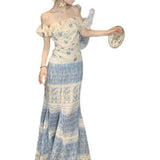 [Baby Ning] French Open Shoulder To Close The Waist Petal Crushed Flower Top + Gradually Changed Fishtail Half Skirt Woman Two-Piece Skirt