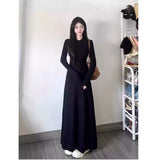 Autumn French Hepburn Black Long-Sleeved Collar Dress Femininity Elegant Height Waist A Long Dress