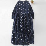 2026 Spring And Autumn New Literary Retro Blue Dot Dress Rounded Long Sleeve French Elegant Cotton Dress