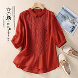 Real Shooting 2026 Summer New Seven-Sleeved Embroidered Cotton Loose Shirt Women's Literary And Art Retro Design Cotton T-Shirt
