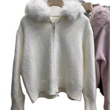 KANING Imitation Fox Fur Collar Knitted Cardigan 2026 Autumn And Winter New Hooded Double Zipper Short Coat Woman