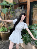 College Style Sweet White Short-Sleeved Shirt Dress Summer New Small 100-Fold Short Skirt